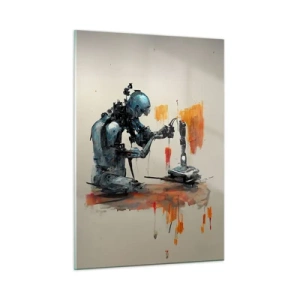Cuadro sobre vidrio - Impresiones sobre Vidrio - Un robot pintando una mano mecánica sobre un fondo abstracto. - 50x70cm - Próximamente... - Decoración de pared moderna para salón y dormitorio ARTTOR