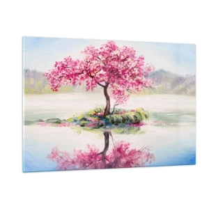 Cuadro sobre vidrio - Impresiones sobre Vidrio - Un árbol rosa en una isla reflejado en el agua tranquila. - 120x80cm - Una celebración de la primavera - Decoración de pared moderna para salón y dormitorio ARTTOR
