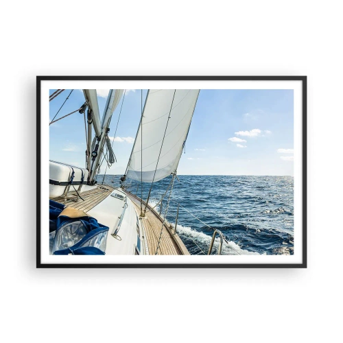 Póster en marco negro - Un velero en un mar tranquilo bajo un cielo azul. - 100x70cm - Ahoy, a la aventura - Decoración de pared moderna para salón y dormitorio ARTTOR
