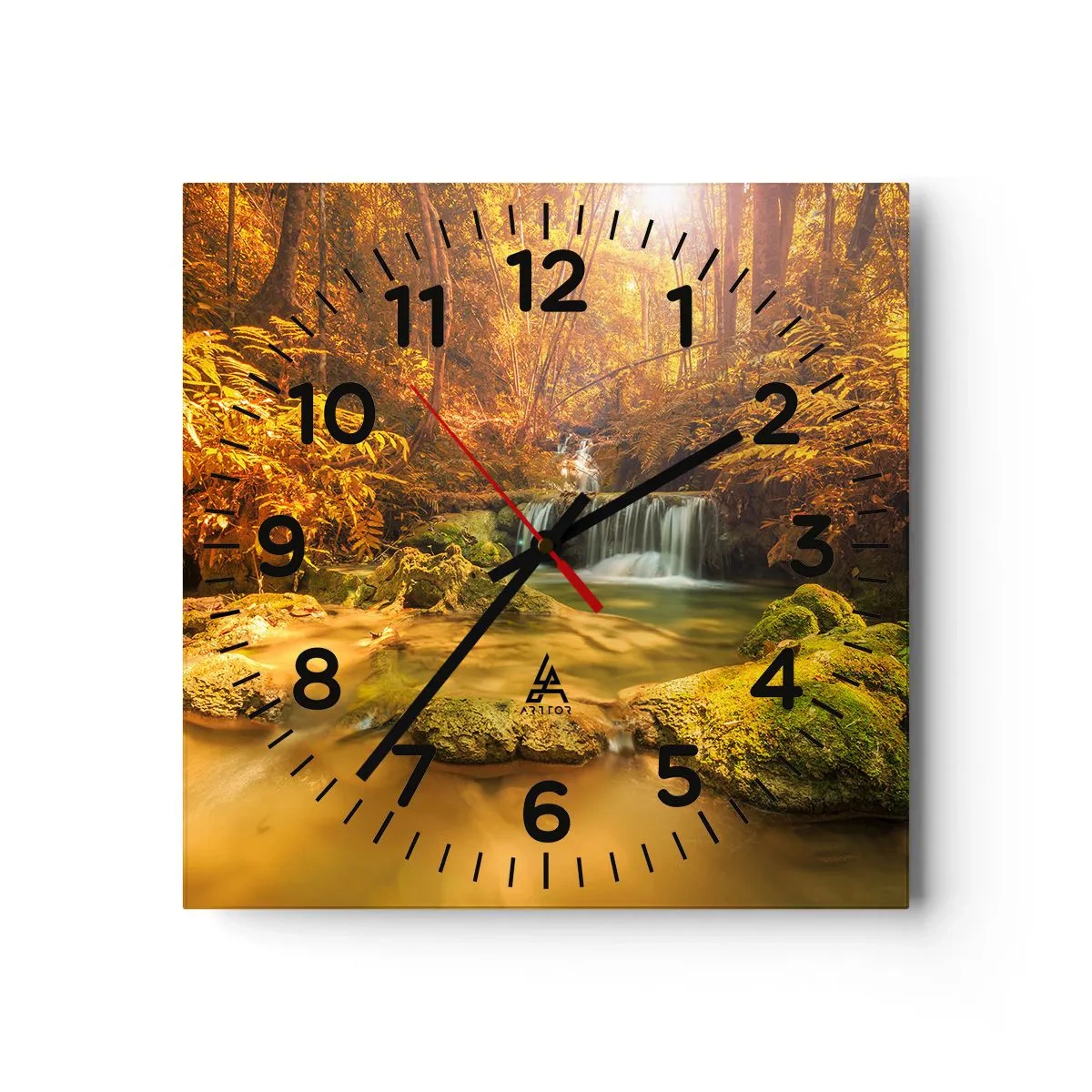 Reloj de pared - Reloj de vidrio - Cascada forestal en oro - 40x40 cm