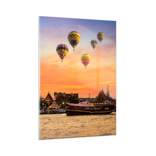 Cuadro sobre vidrio - Impresiones sobre Vidrio - Templo junto al río al atardecer con globos - 50x70cm - Aquí es donde nacen los cuentos de hadas - Decoración de pared moderna para salón y dormitorio ARTTOR