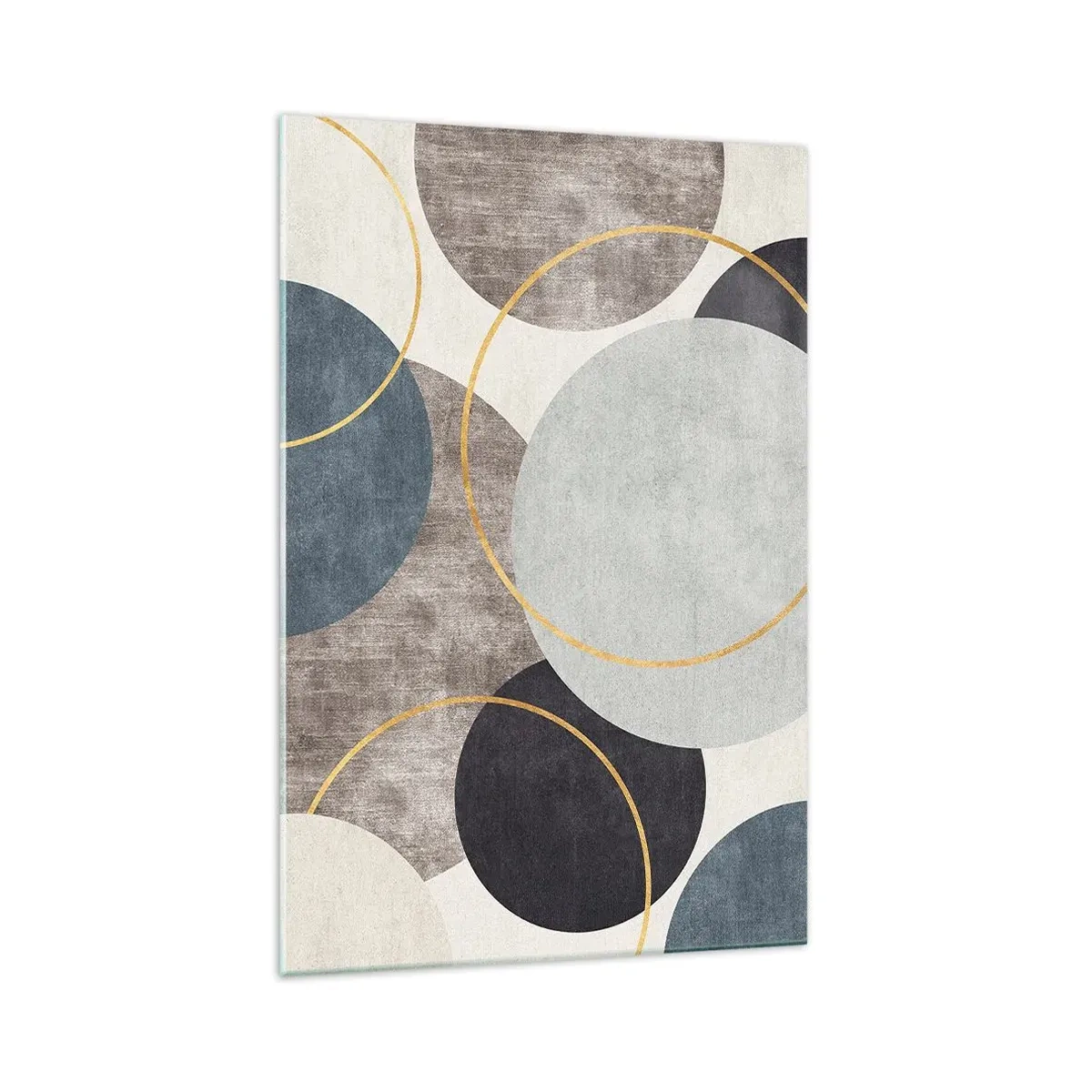 Cuadro sobre vidrio - Impresiones sobre Vidrio - Círculos geométricos en tonos grises, azules y dorados. - 70x100cm - Círculo tras círculo - Decoración de pared moderna para salón y dormitorio ARTTOR