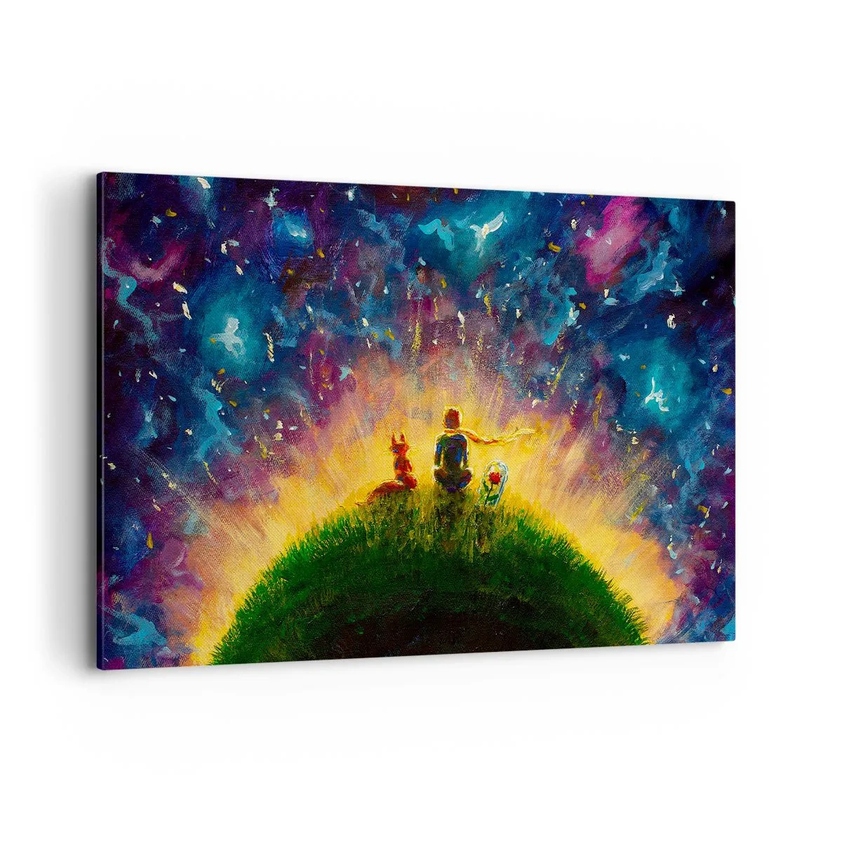 Cuadro sobre lienzo - Impresión de Imagen - Figuras en una colina verde rodeada de un cielo estrellado. - 120x80cm - Amor y amistad - lo único entero - Decoración de pared moderna para salón y dormitorio ARTTOR