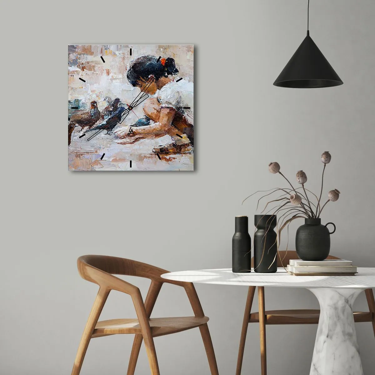 Reloj de pared - Reloj de vidrio - Una niña alimentando pájaros en un estilo pictórico. - 30x30cm - Pequeños y dulces - Decoración de pared moderna para salón y dormitorio ARTTOR
