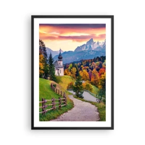 Póster en marco negro - Capilla de montaña entre árboles otoñales al atardecer - 50x70cm - Paisaje como una pintura - Decoración de pared moderna para salón y dormitorio ARTTOR