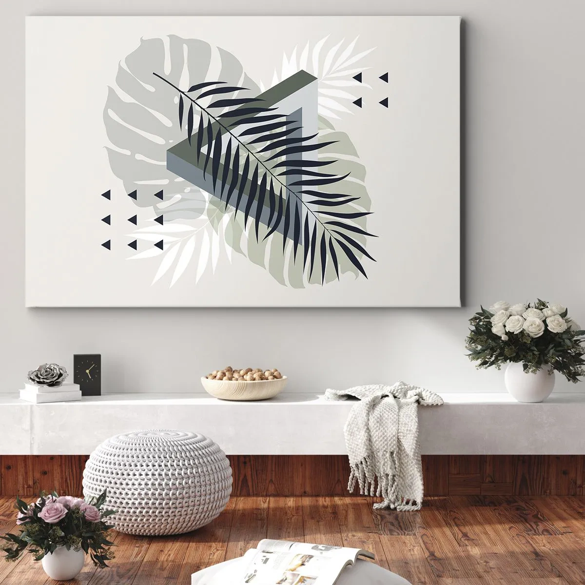 Cuadro sobre lienzo - Impresión de Imagen - Composición geométrica con hojas tropicales en tonos verdes. - 70x50cm - Naturaleza y geometría - Decoración de pared moderna para salón y dormitorio ARTTOR