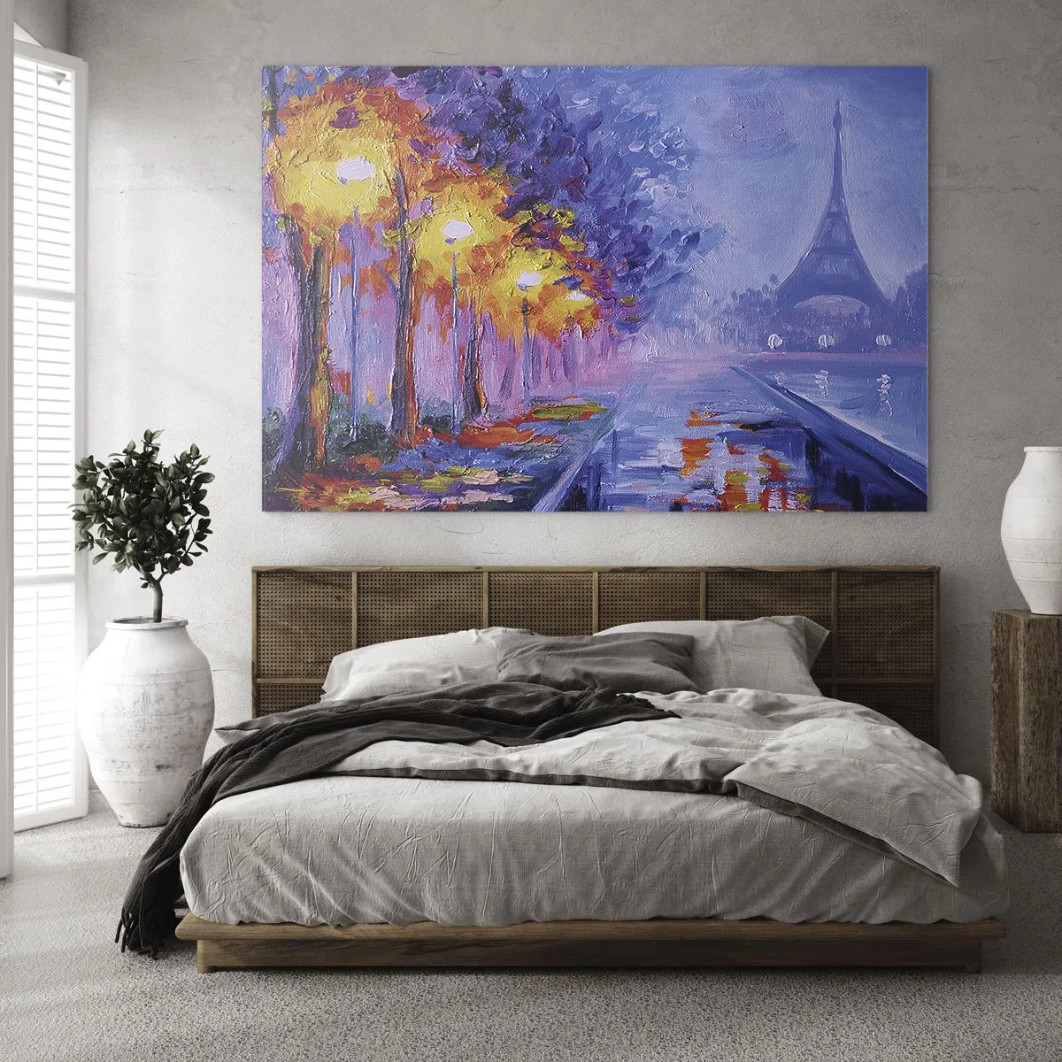 Cuadro sobre vidrio - Impresiones sobre Vidrio - Paseo nocturno por París con la Torre Eiffel - 70x50cm - Un paseo de ensueño - Decoración de pared moderna para salón y dormitorio ARTTOR