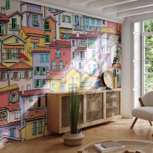Fotomural Standard Eco - Casas de vecindad coloridas en un estilo de cuento de hadas y dibujos animados - 100x70cm - Ciudad alegre - Decoración de pared moderna para salón y dormitorio ARTTOR