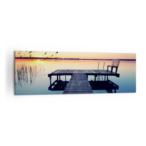 Cuadro sobre lienzo - Impresión de Imagen - Muelle de madera en un lago al amanecer con pájaros - 160x50cm - Fue un buen día - Decoración de pared moderna para salón y dormitorio ARTTOR