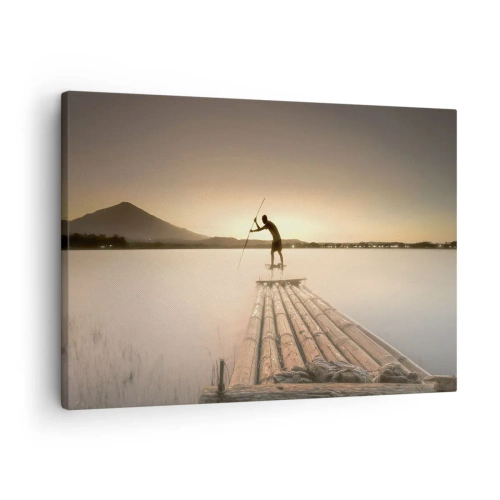 Cuadro sobre lienzo - Impresión de Imagen - Hombre en una balsa al atardecer - 70x50cm - Antes del descanso - Decoración de pared moderna para salón y dormitorio ARTTOR