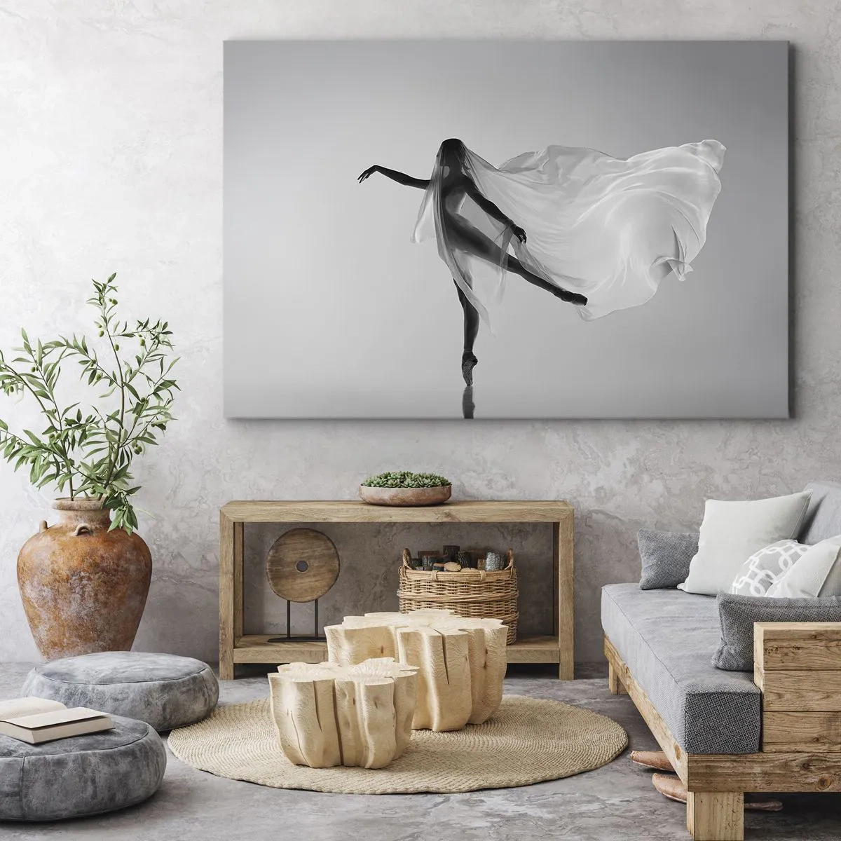 Cuadro sobre lienzo - Impresión de Imagen - Una bailarina en una pose etérea con tela fluida. - 70x50cm - Ligereza y gracia - Decoración de pared moderna para salón y dormitorio ARTTOR