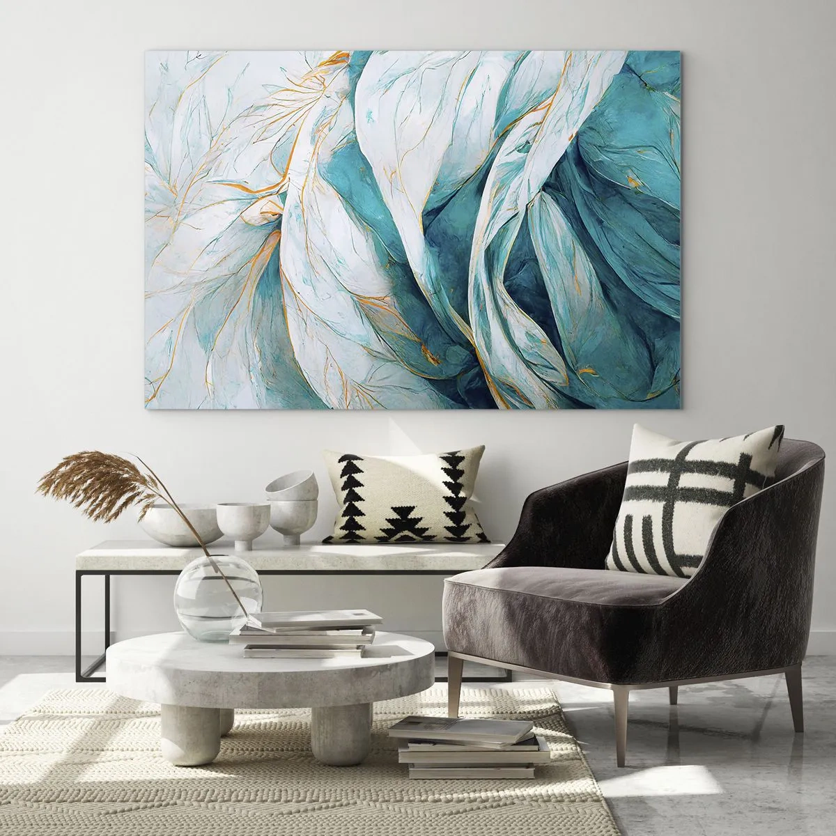 Cuadro sobre vidrio - Impresiones sobre Vidrio - Abstracción orgánica en líneas azules y doradas. - 70x50cm - Abstracción azul con motivos dorados - Decoración de pared moderna para salón y dormitorio ARTTOR