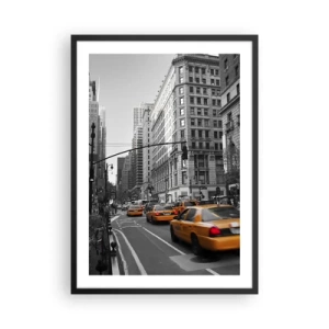 Póster en marco negro - Taxis amarillos en las calles de la ciudad en blanco y negro - 50x70cm - Los soles de la gran ciudad - Decoración de pared moderna para salón y dormitorio ARTTOR