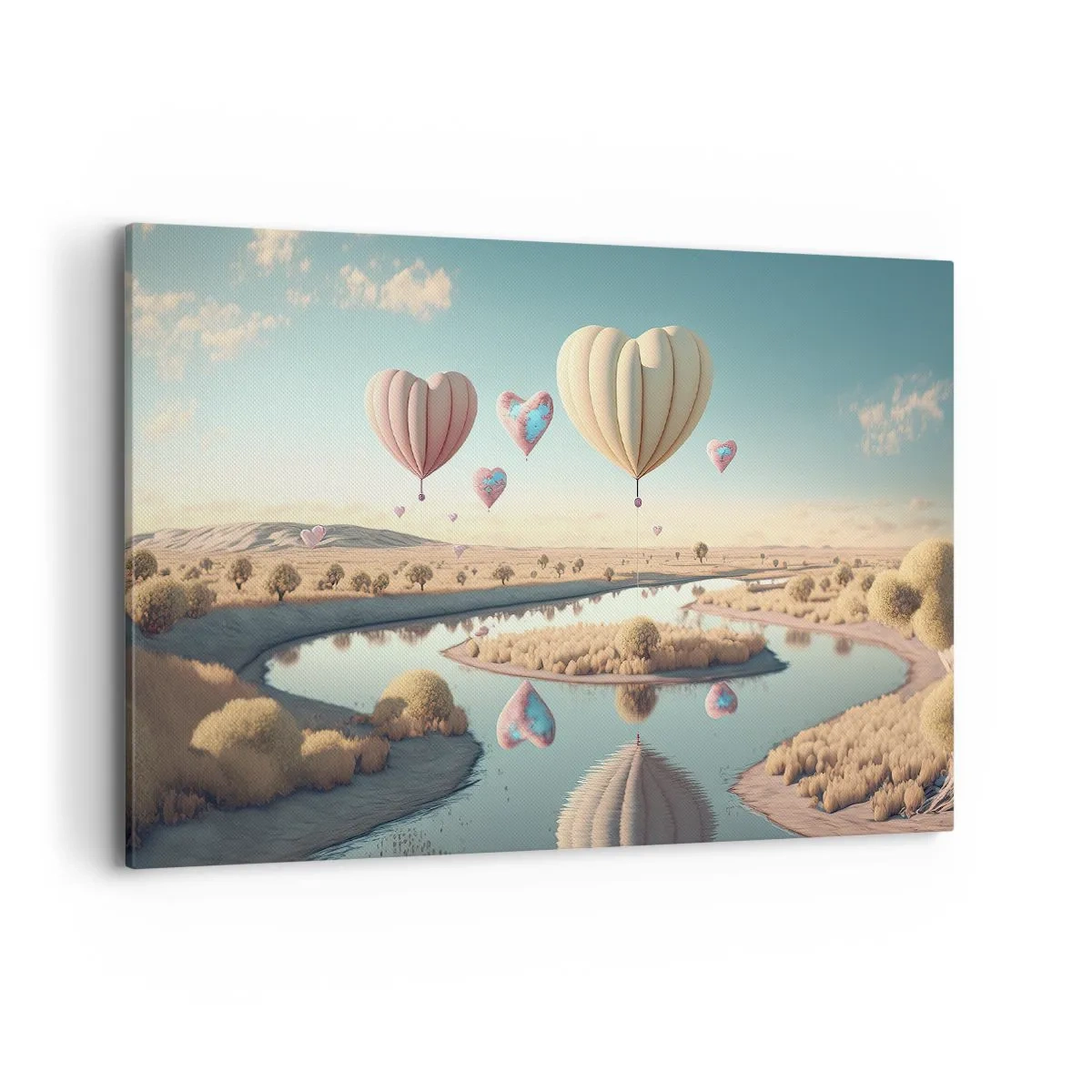 Cuadro sobre lienzo - Impresión de Imagen - Globos en forma de corazón flotando sobre el paisaje. - 100x70cm - El amor te hace volar - Decoración de pared moderna para salón y dormitorio ARTTOR