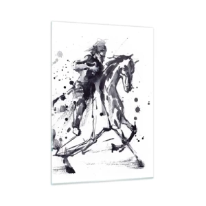 Cuadro sobre vidrio - Impresiones sobre Vidrio - Pintura en blanco y negro de un jinete a caballo en estilo abstracto. - 50x70cm - Caballero negro - Decoración de pared moderna para salón y dormitorio ARTTOR