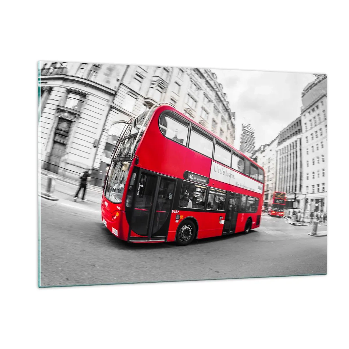 Cuadro sobre vidrio - Impresiones sobre Vidrio - Un autobús rojo en movimiento con las calles de Londres como telón de fondo. - 120x80cm - Londres tradicional - en autobús - Decoración de pared moderna para salón y dormitorio ARTTOR