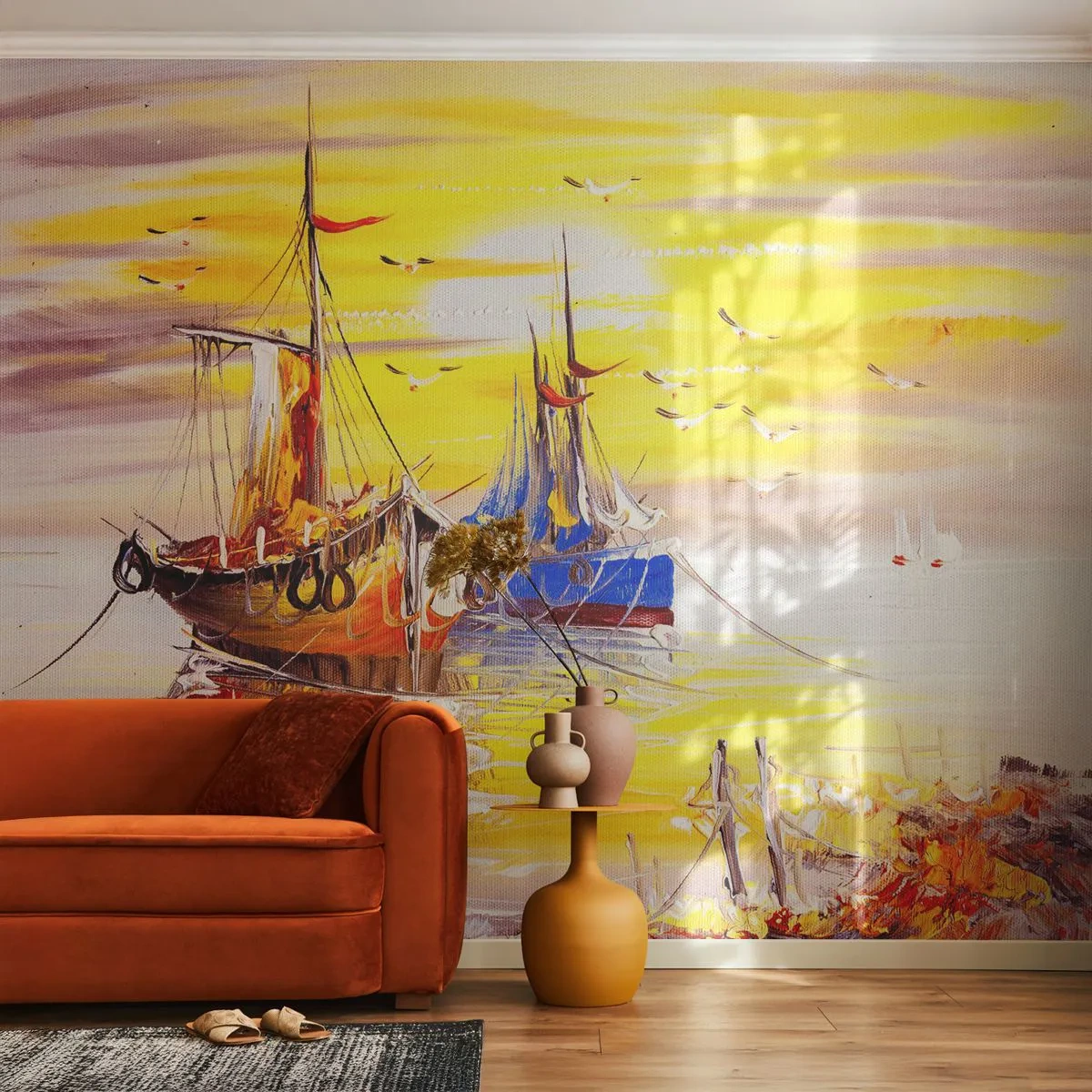 Fotomural Autadhesivo Deluxe Sticker - Un merecido descanso en el puerto - Barco de pesca, Pesca, Aves - 500x350 cm