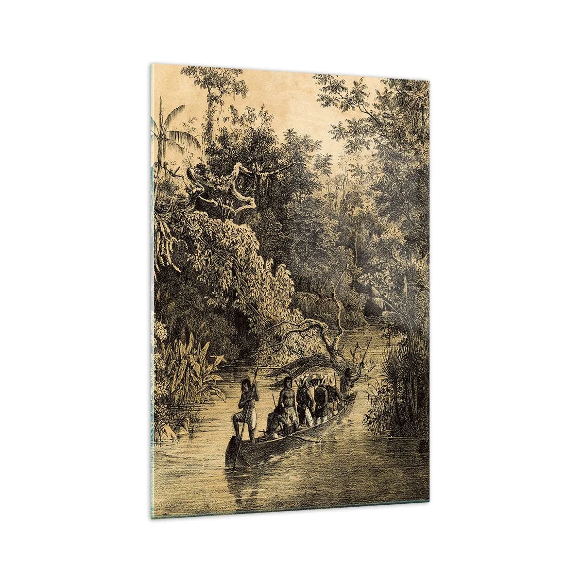 Cuadro sobre vidrio - Impresiones sobre Vidrio - Dibujo de una jungla con un barco en un río. - 70x100cm - Expedición a la fuente - Decoración de pared moderna para salón y dormitorio ARTTOR