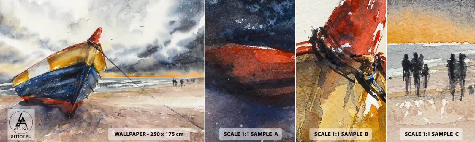 Muestra De Fotomural Standard Eco - Descansando en la orilla - Paisaje, Bote, Playa - 100x30 cm