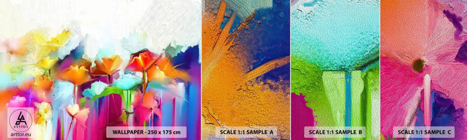 Muestra de fotomural Premium Sand - Un arco iris ha florecido - Abstracción, flores, Pedazo - 100x30 cm