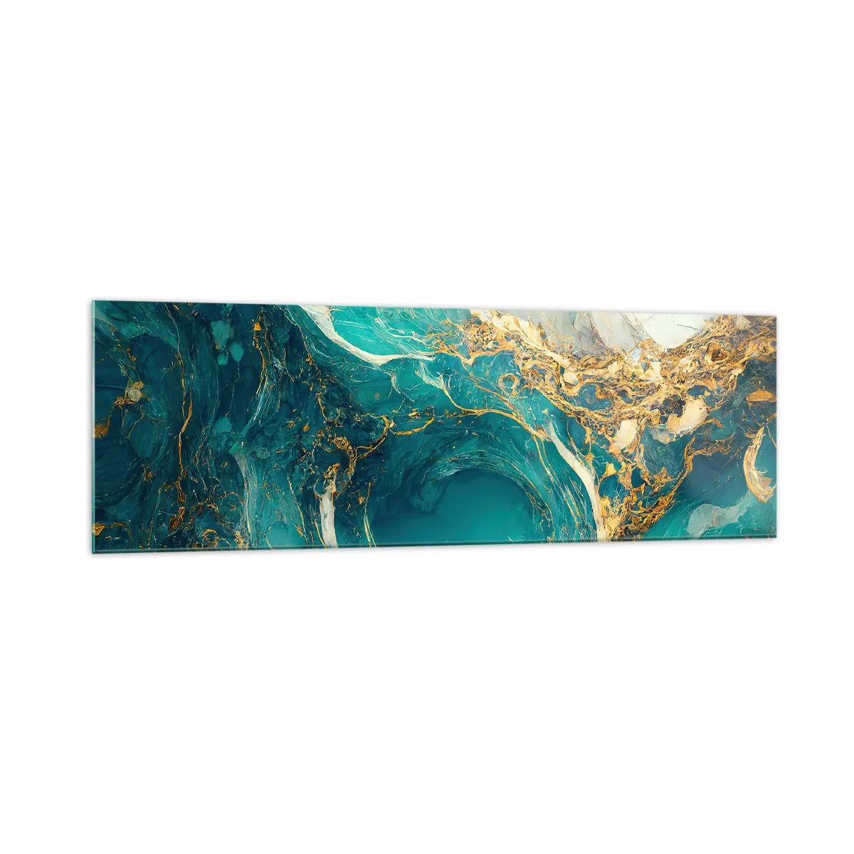 Cuadro sobre vidrio - Impresiones sobre Vidrio - Una composición abstracta en tonos turquesa y dorado. - 160x50cm - Composición con vetas de oro - Decoración de pared moderna para salón y dormitorio ARTTOR