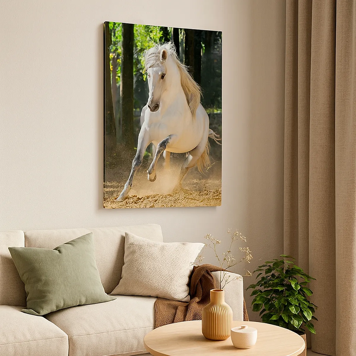 Cuadro sobre lienzo - Impresión de Imagen - Un caballo blanco galopando a través de un claro del bosque. - 50x70cm - Como en una novela de fantasía - Decoración de pared moderna para salón y dormitorio ARTTOR