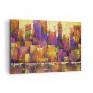 Cuadro sobre lienzo - Impresión de Imagen - Composición abstracta de una metrópolis en tonos amarillos y morados. - 120x80cm - Composición metropolitana - Decoración de pared moderna para salón y dormitorio ARTTOR