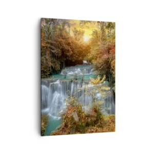 Cuadro sobre lienzo - Impresión de Imagen - Cascada de otoño rodeada de árboles coloridos a la luz del sol. - 50x70cm - El tesoro escondido del bosque - Decoración de pared moderna para salón y dormitorio ARTTOR