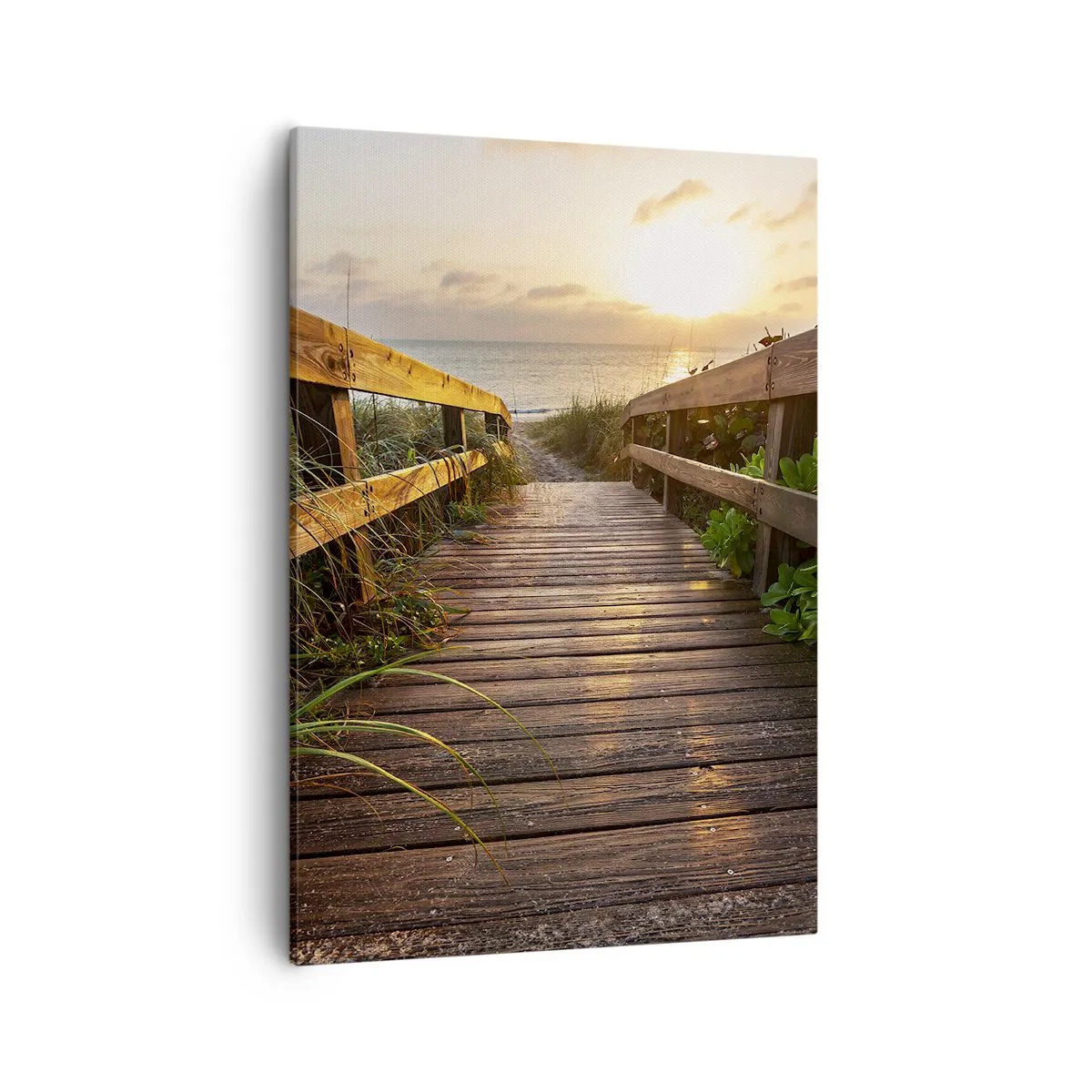 Cuadro sobre lienzo - Impresión de Imagen - Muelle de madera que conduce a la playa al atardecer - 50x70cm - Y directamente a la orilla - Decoración de pared moderna para salón y dormitorio ARTTOR