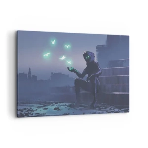 Cuadro sobre lienzo - Impresión de Imagen - Una figura encapuchada con pájaros mágicos en el fondo de una ciudad. - 120x80cm - La vida volverá - Decoración de pared moderna para salón y dormitorio ARTTOR