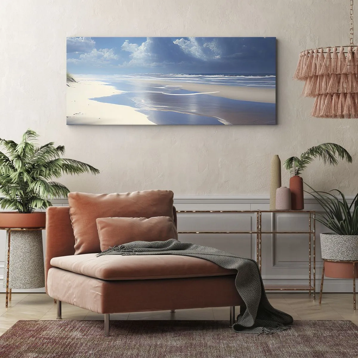 Cuadro sobre lienzo - Impresión de Imagen - Una playa de arena con olas bajo un cielo azul. - 120x50cm - Vacaciones en el paraíso - Decoración de pared moderna para salón y dormitorio ARTTOR