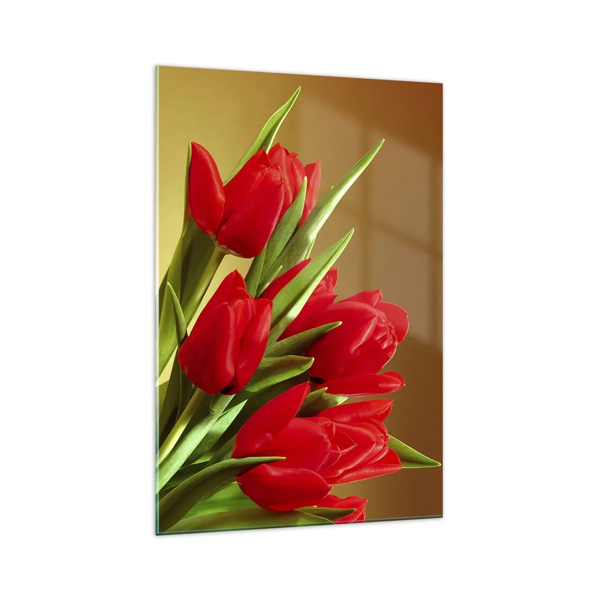 Cuadro sobre vidrio - Impresiones sobre Vidrio - Un ramo de tulipanes rojos sobre un fondo dorado con hojas verdes. - 70x100cm - Estallido de alegría primaveral - Decoración de pared moderna para salón y dormitorio ARTTOR