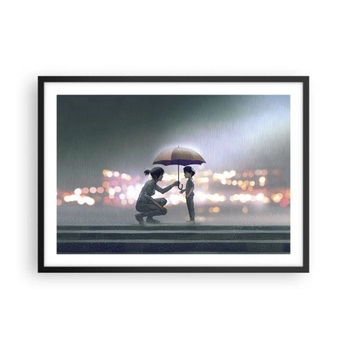 Póster en marco negro - Una figura con un paraguas protegiendo a un niño contra el fondo de luces nocturnas. - 70x50cm - Y todo está bien - Decoración de pared moderna para salón y dormitorio ARTTOR
