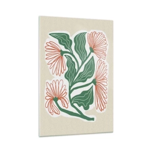 Cuadro sobre vidrio - Impresiones sobre Vidrio - Un dibujo de flores en estilo minimalista con hojas verdes. - 70x100cm - Folclórico y moderno - Decoración de pared moderna para salón y dormitorio ARTTOR