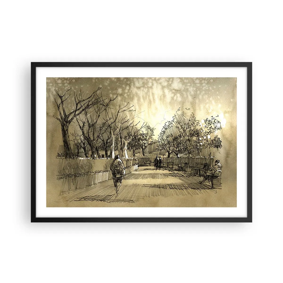 Póster en marco negro - Una escena de dibujos animados de un parque con gente caminando en tonos cálidos. - 70x50cm - Un momento hecho a pluma - Decoración de pared moderna para salón y dormitorio ARTTOR
