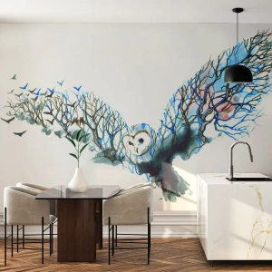 Fotomural Premium Sand - Un búho con alas extendidas hecho de ramas. - 100x70cm - En las alas del bosque - Decoración de pared moderna para salón y dormitorio ARTTOR