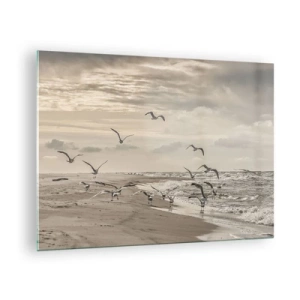 Cuadro sobre vidrio - Impresiones sobre Vidrio - Pájaros en la orilla del mar al amanecer en tonos sepia - 70x50cm - El sonido del mar, el canto de los pájaros - Decoración de pared moderna para salón y dormitorio ARTTOR