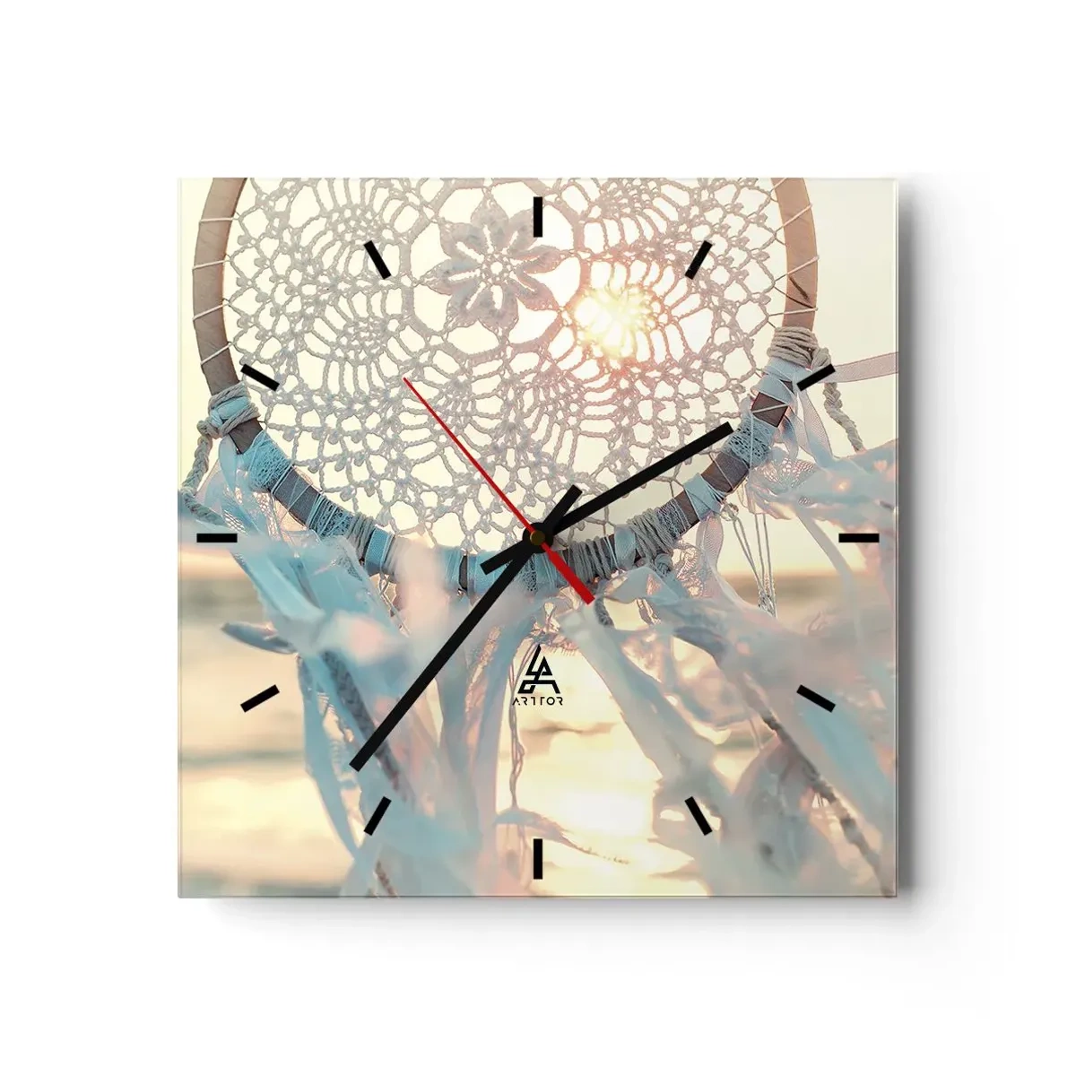 Reloj de pared - Reloj de vidrio - Un delicado atrapasueños con el sol poniente como telón de fondo. - 30x30cm - Tótem sagrado - Decoración de pared moderna para salón y dormitorio ARTTOR