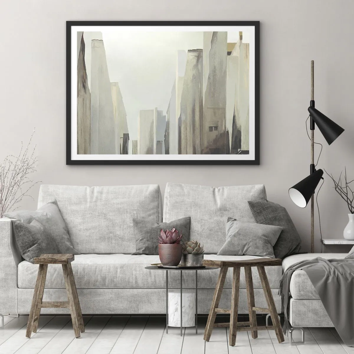 Póster en marco negro - Paisaje urbano abstracto en tonos pastel - 70x50cm - Un sueño de ciudad - Decoración de pared moderna para salón y dormitorio ARTTOR