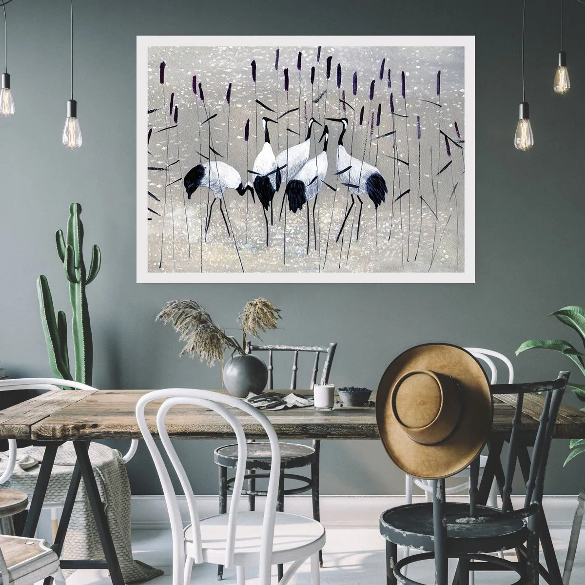 Póster - Garzas en la hierba contra un fondo tranquilo - 100x70cm - Entre los suyos - Decoración de pared moderna para salón y dormitorio ARTTOR