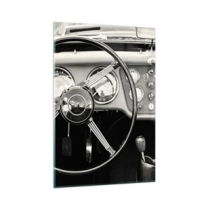 Cuadro sobre vidrio - Impresiones sobre Vidrio - Interior de coche clásico en blanco y negro - 80x120cm - El sueño de un coleccionista - Decoración de pared moderna para salón y dormitorio ARTTOR