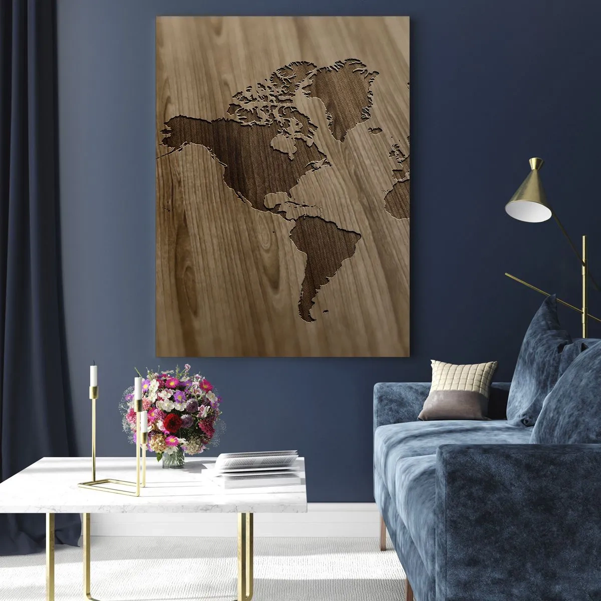 Cuadro sobre vidrio - Impresiones sobre Vidrio - Un mapa del mundo cortado en una superficie de madera. - 50x70cm - El mundo servido en la mesa - Decoración de pared moderna para salón y dormitorio ARTTOR
