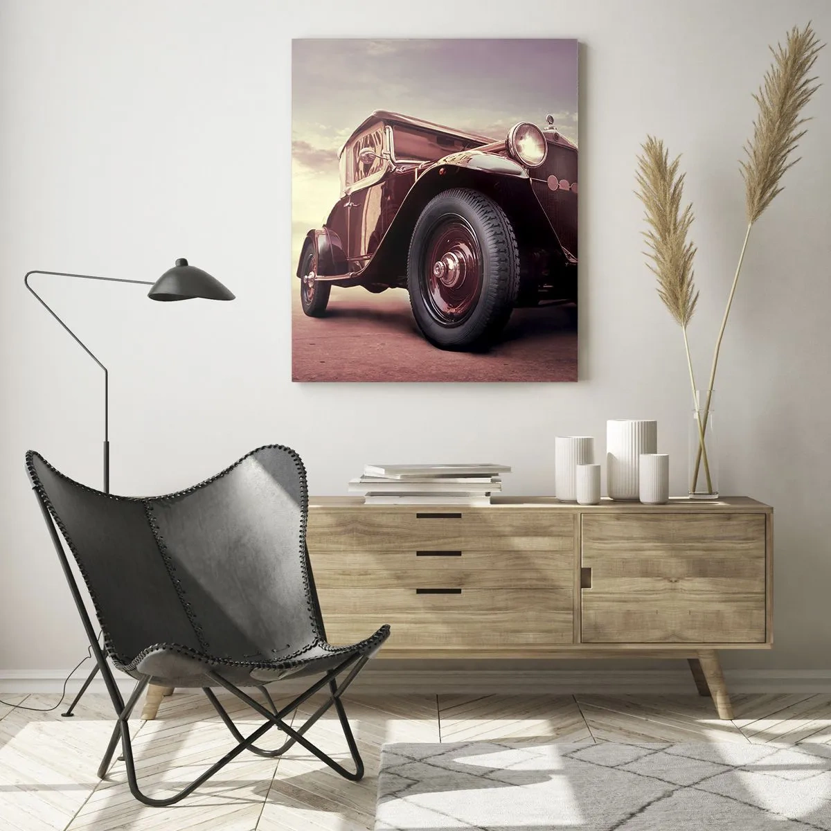 Cuadro sobre vidrio - Impresiones sobre Vidrio - Un coche clásico de estilo clásico contra el cielo. - 70x100cm - Volvamos a los maravillosos viejos tiempos... - Decoración de pared moderna para salón y dormitorio ARTTOR