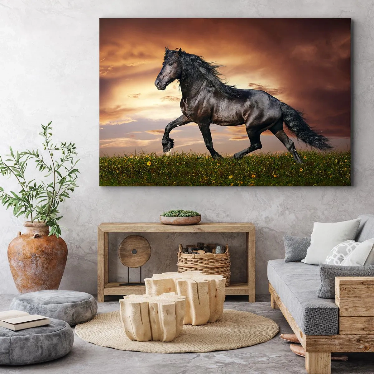 Cuadro sobre lienzo - Impresión de Imagen - Un caballo negro galopando contra el sol poniente. - 100x70cm - Príncipe negro - Decoración de pared moderna para salón y dormitorio ARTTOR