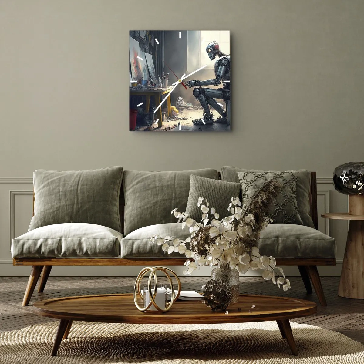 Reloj de pared - Reloj de vidrio - Un robot pintando un cuadro en un estudio de arte. - 30x30cm - El acto de creación - Decoración de pared moderna para salón y dormitorio ARTTOR
