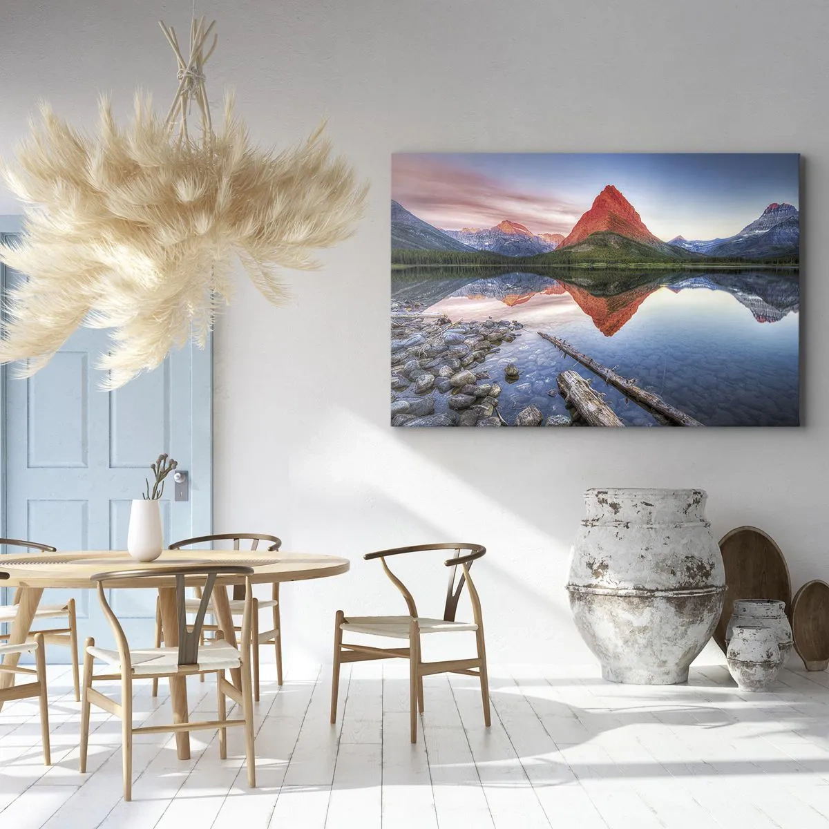 Cuadro sobre lienzo - Impresión de Imagen - Una montaña reflejada en un lago al atardecer. - 70x50cm - Cálido y frío - Decoración de pared moderna para salón y dormitorio ARTTOR