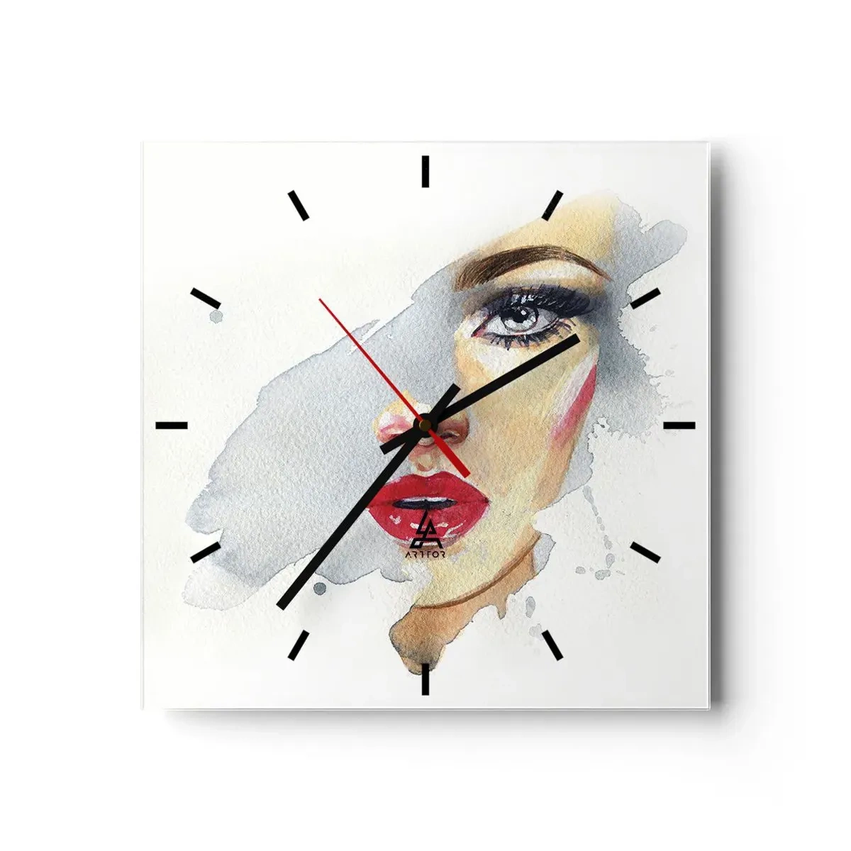 Reloj de pared - Reloj de vidrio - Un retrato en acuarela de una mujer de mirada intensa. - 30x30cm - Reflejo en una gota de agua - Decoración de pared moderna para salón y dormitorio ARTTOR