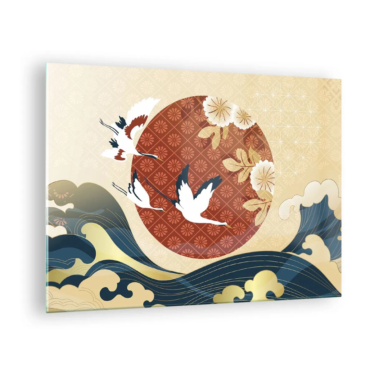 Cuadro sobre vidrio - Impresiones sobre Vidrio - Grúas japonesas sobre las olas contra un círculo rojo - 70x50cm - Un cuento de hadas japonés - Decoración de pared moderna para salón y dormitorio ARTTOR