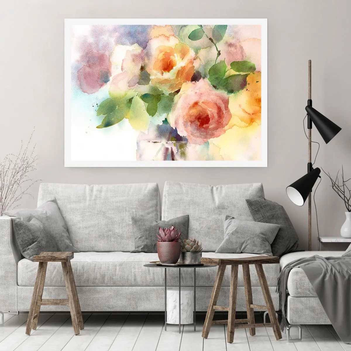 Póster - Delicadas rosas estilo acuarela sobre un fondo claro. - 100x70cm - Delicado como una acuarela - Decoración de pared moderna para salón y dormitorio ARTTOR