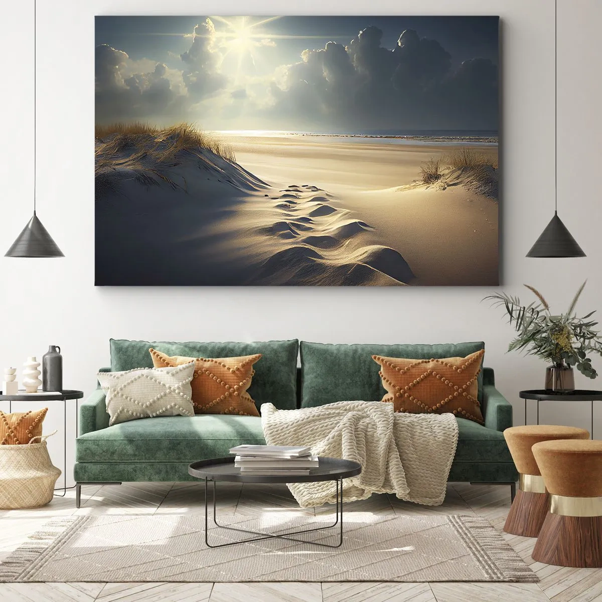 Cuadro sobre lienzo - Impresión de Imagen - Dunas doradas en la playa al atardecer con vistas al mar - 70x50cm - Paisaje tranquilizador - Decoración de pared moderna para salón y dormitorio ARTTOR